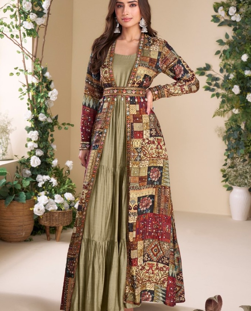 5824 - Olive-Maroon Royal Patchwork Anarkali suit 